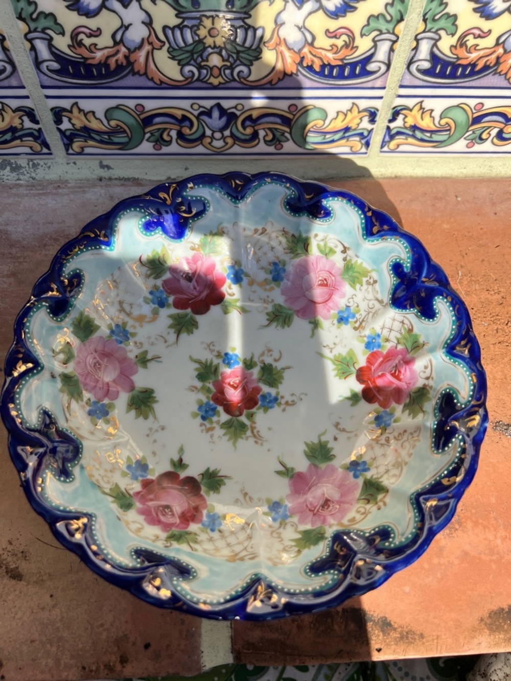 Large Nippon Floral Scalloped Decorative Porcelain Bowl - Blue Trim